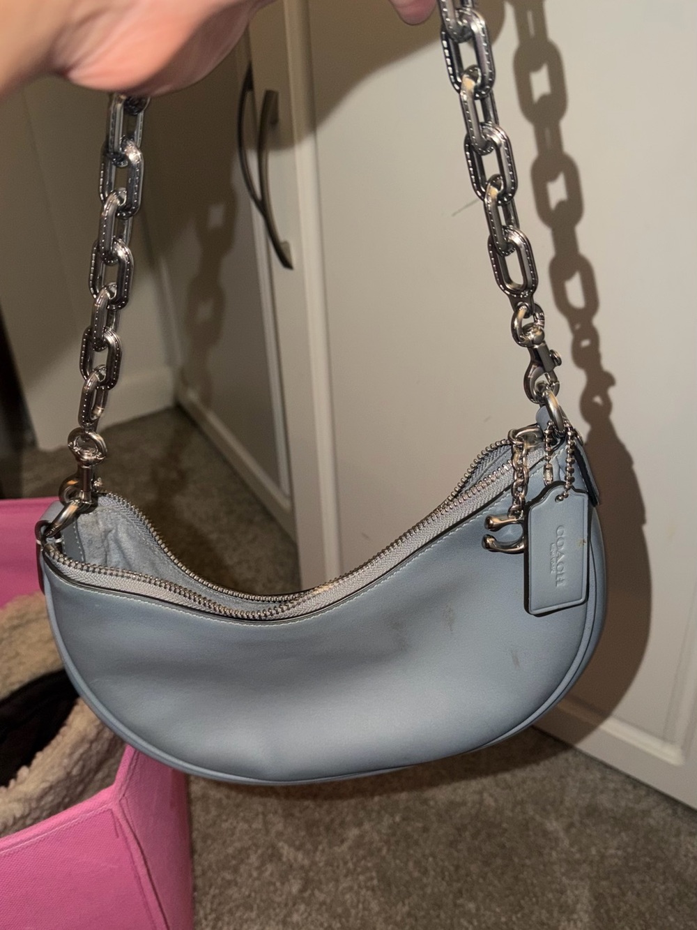 Coach Light Blue Mini Crescent Shoulder Bag with Silver Chain